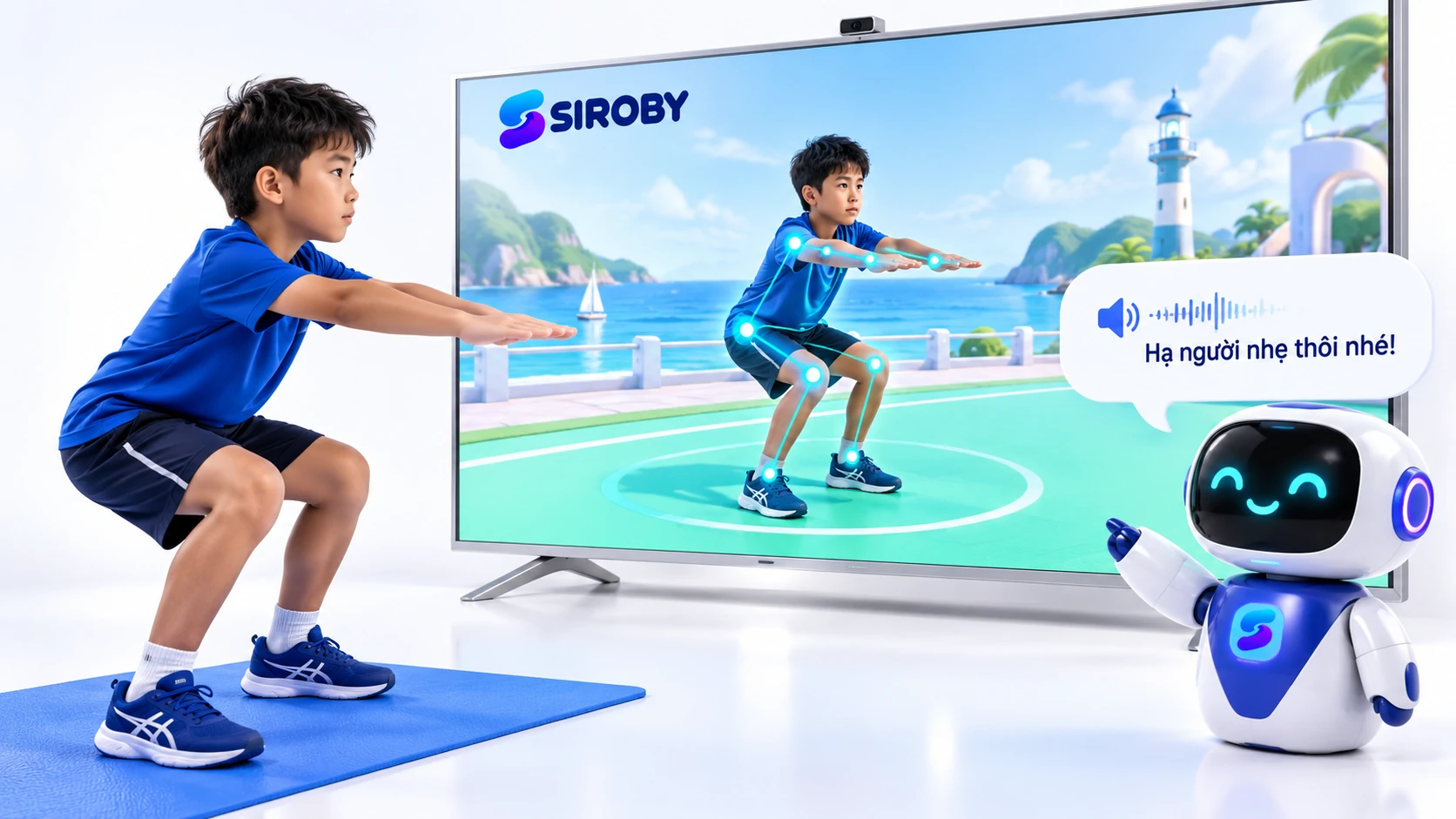 Con tập squat trước màn hình Siroby sáng màu, các điểm khớp hiện trong màn hình và robot AI hướng dẫn hạ người