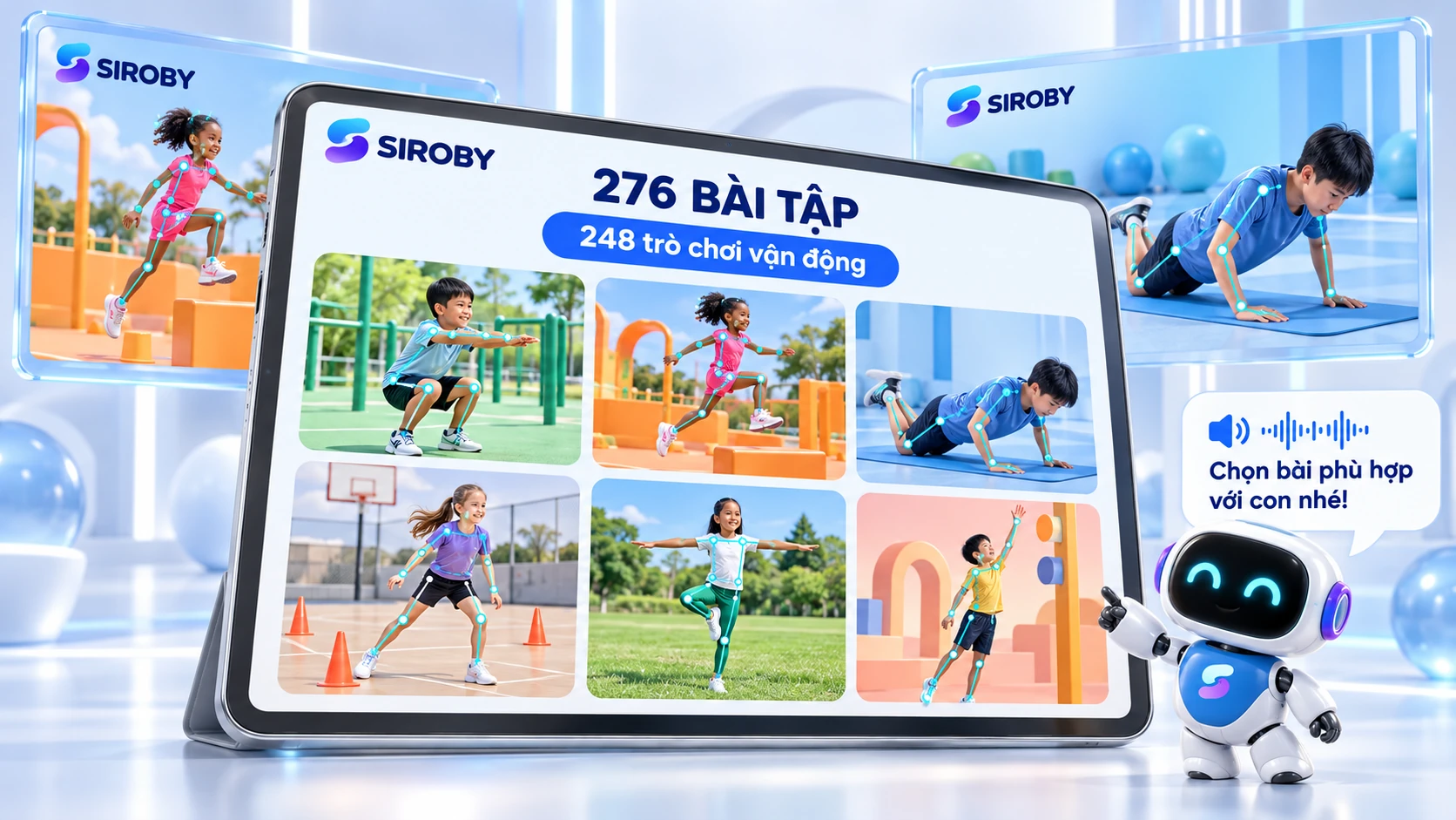 Kho bài tập Siroby với nhiều bối cảnh sáng màu và điểm nhận diện khớp trên người tập