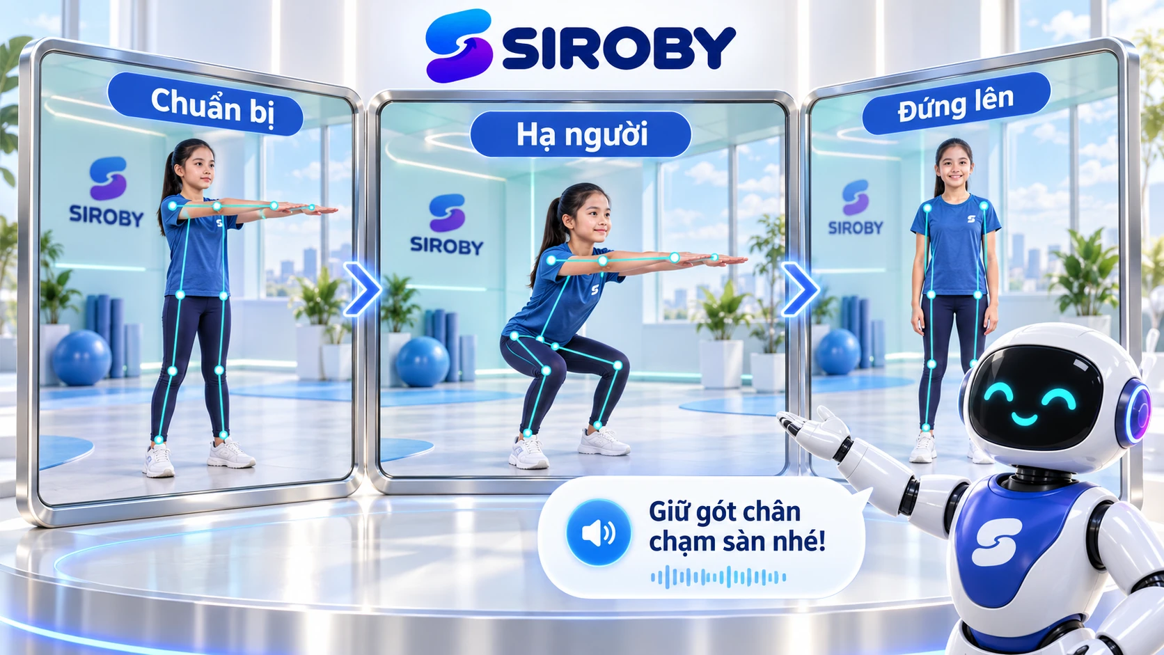 Theo dõi từ lúc chuẩn bị, hạ người đến đứng lên. AI phân tích động tác và đưa lời nhắc trong lúc con tập.