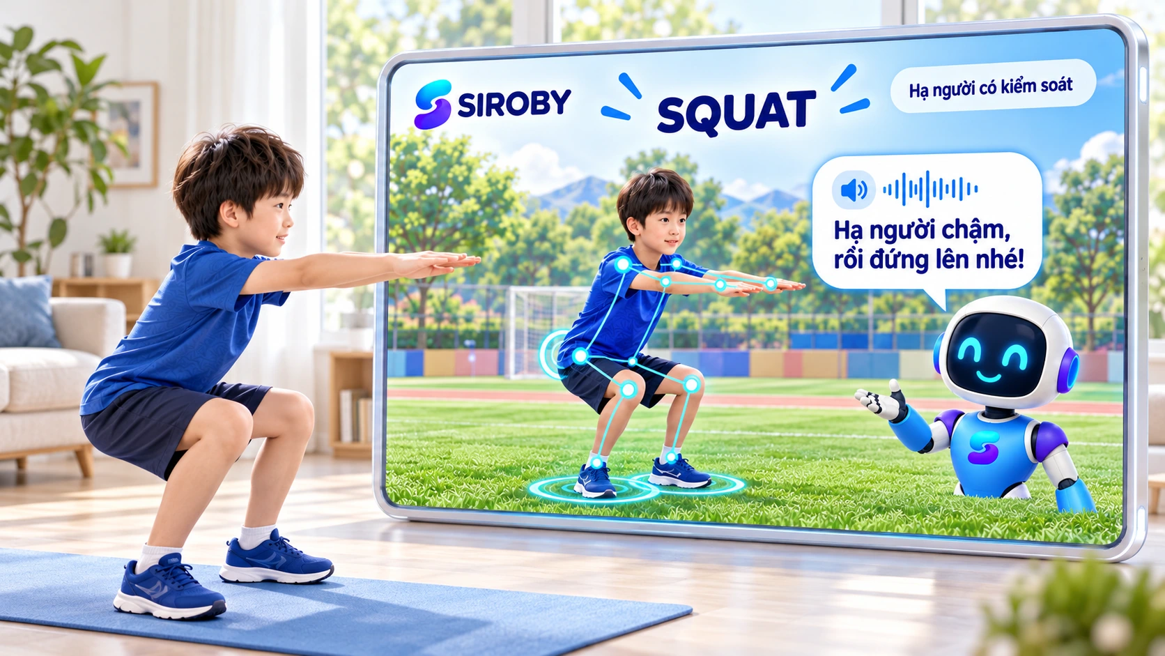 Con thực hiện squat tại nhà, màn hình Siroby nhận diện các điểm khớp và robot đưa lời hướng dẫn.