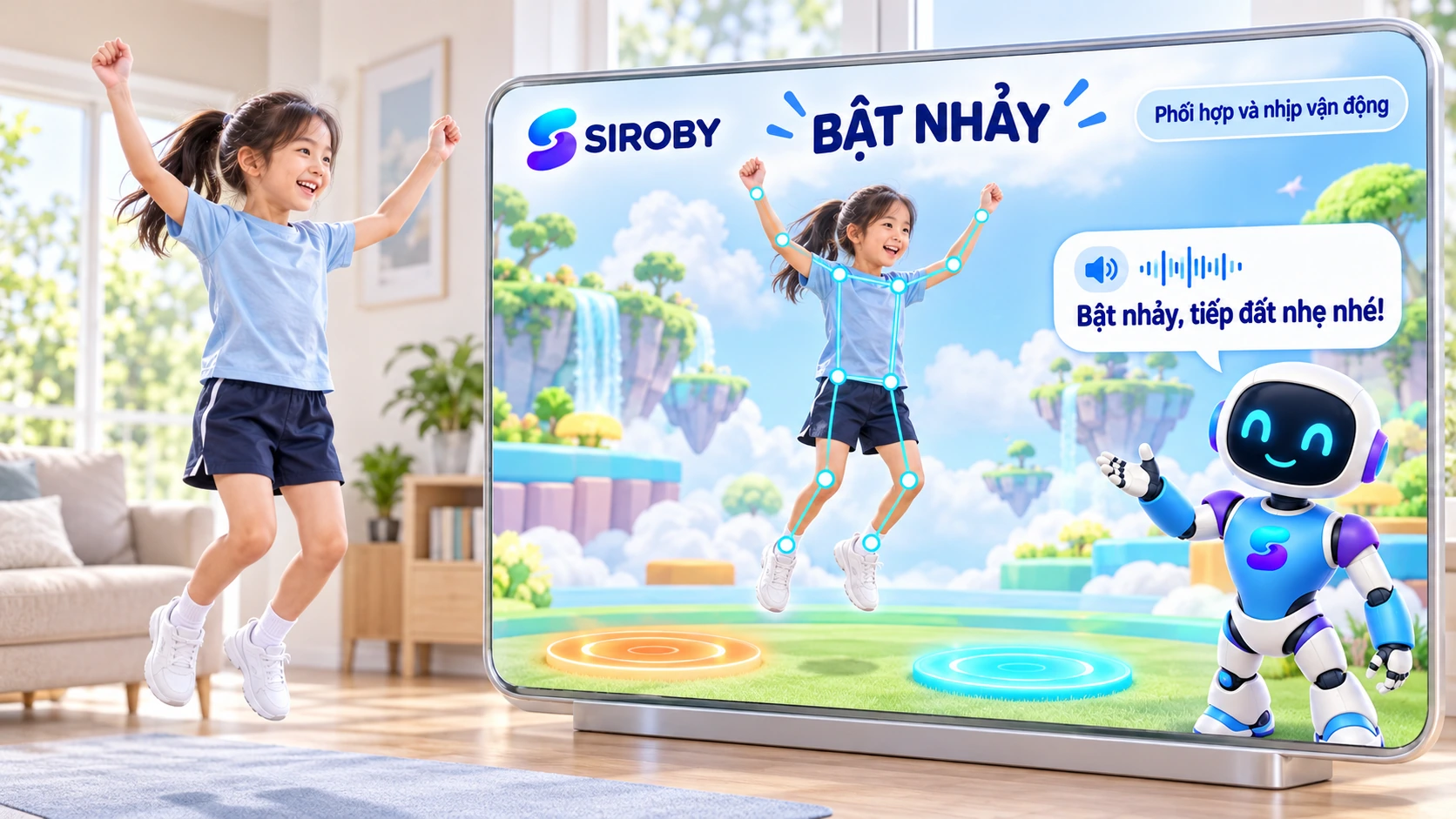 Con bật nhảy tại nhà, màn hình Siroby phản hồi trong bối cảnh đảo mây sáng màu.