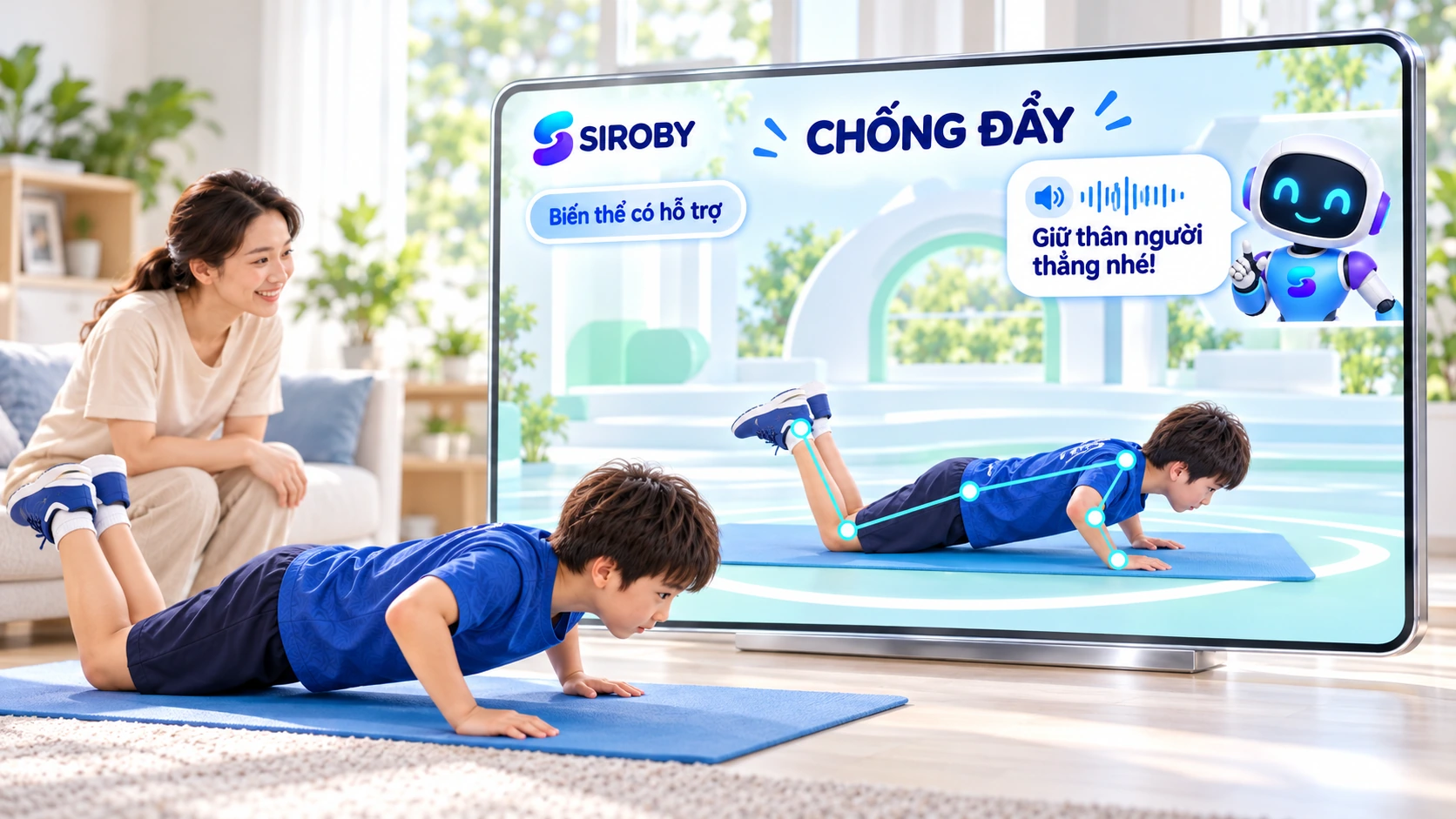 Con tập chống đẩy với đầu gối hỗ trợ, màn hình Siroby hiển thị điểm khớp và robot nhắc giữ tư thế.