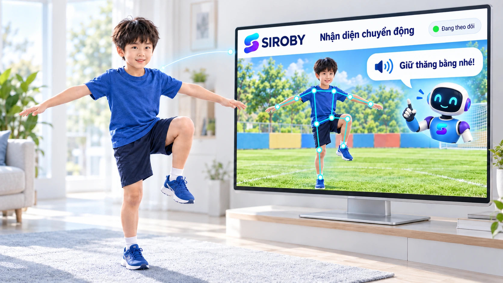 Camera ghi nhận các điểm khớp trên cơ thể và kết nối hình ảnh của con với thế giới bài tập.