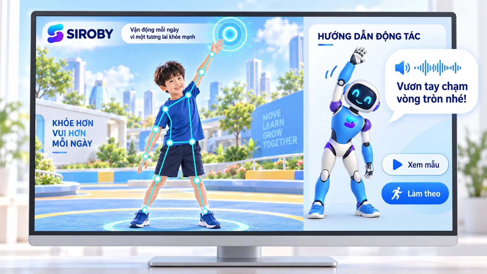 Con xem mẫu, làm theo và nhận lời nhắc động tác ngay trong lúc tập.