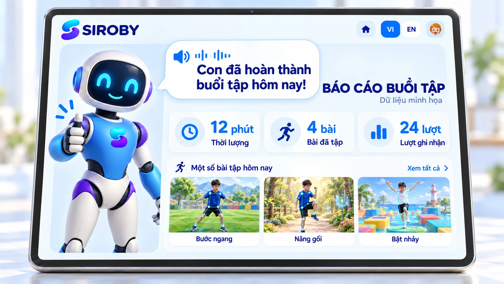 Màn hình báo cáo từng buổi tập Siroby