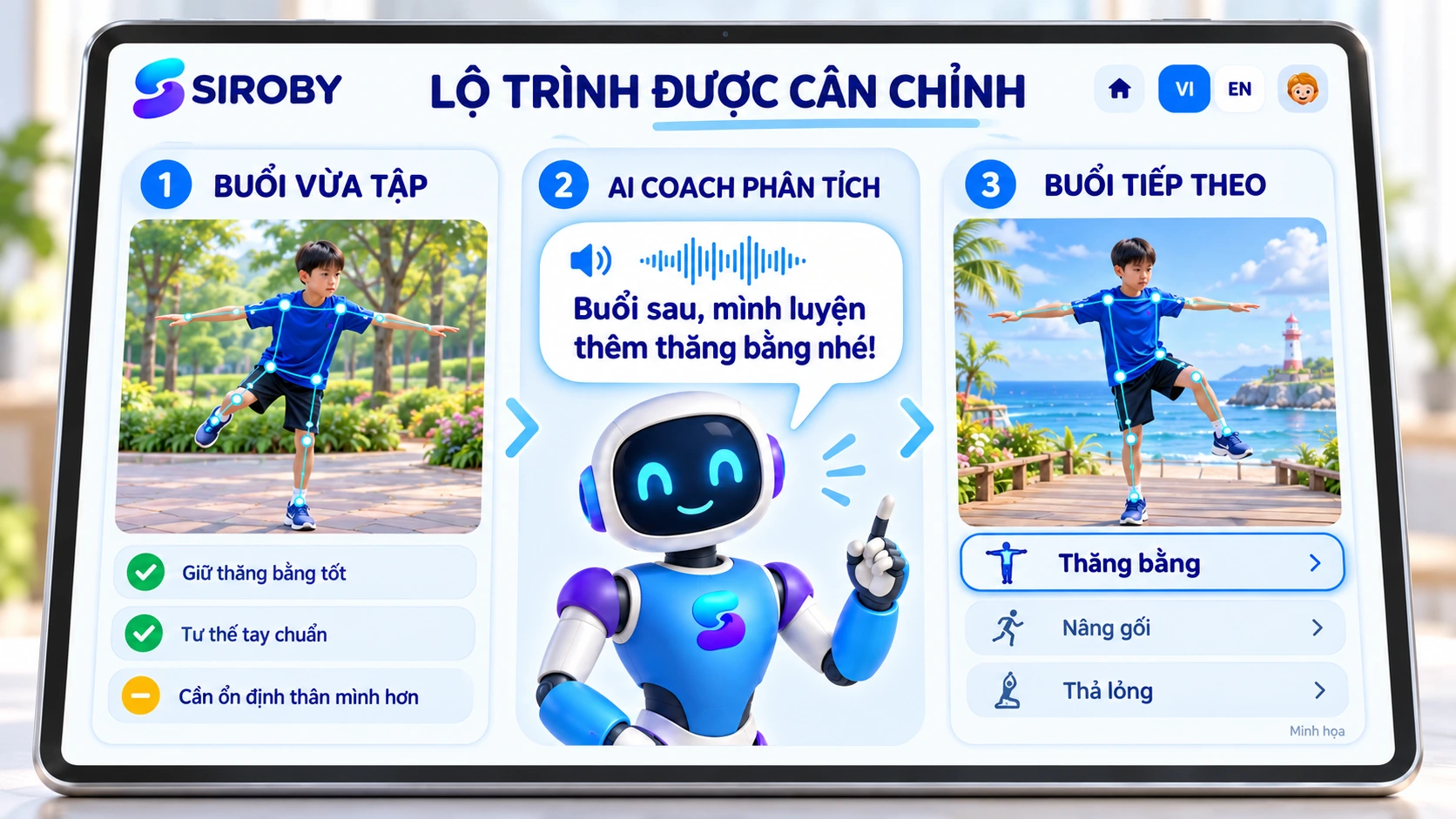Nội dung và độ khó được cân chỉnh theo kết quả vừa ghi nhận.