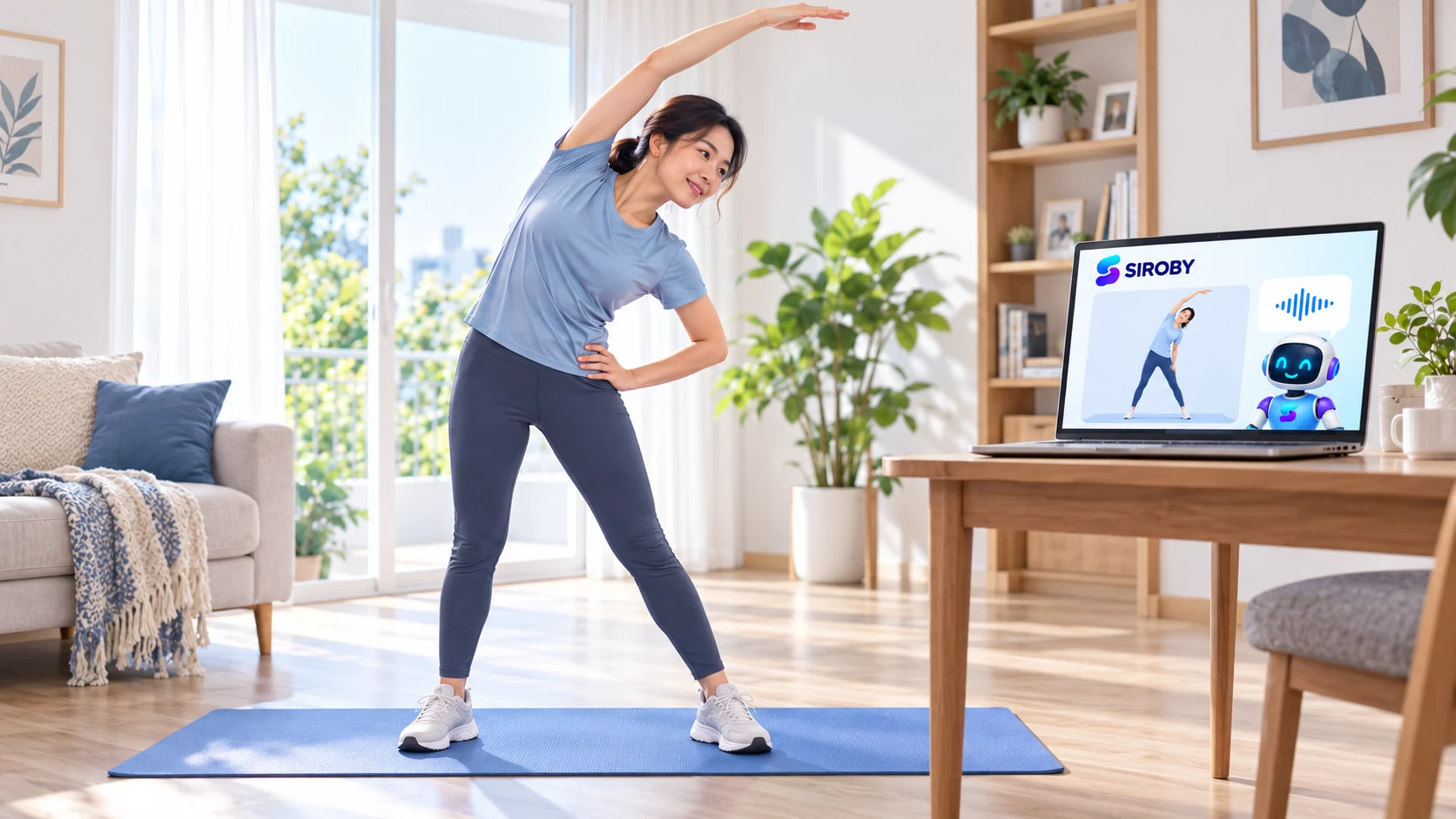 Người lớn giãn người bên cửa sổ, minh họa định hướng Siroby Fit