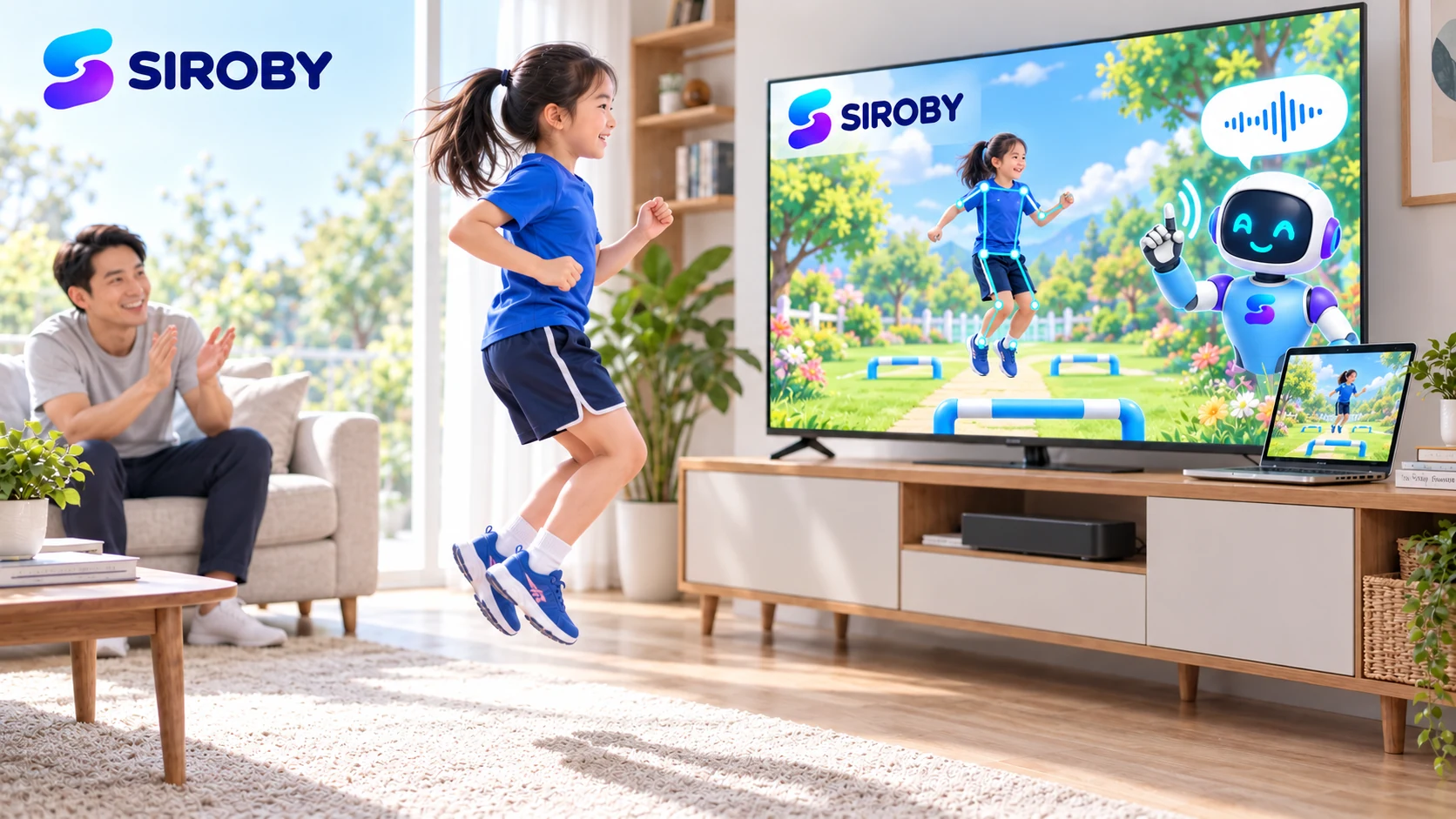 Con bật nhảy tại nhà trước màn hình Siroby, bố ở bên động viên