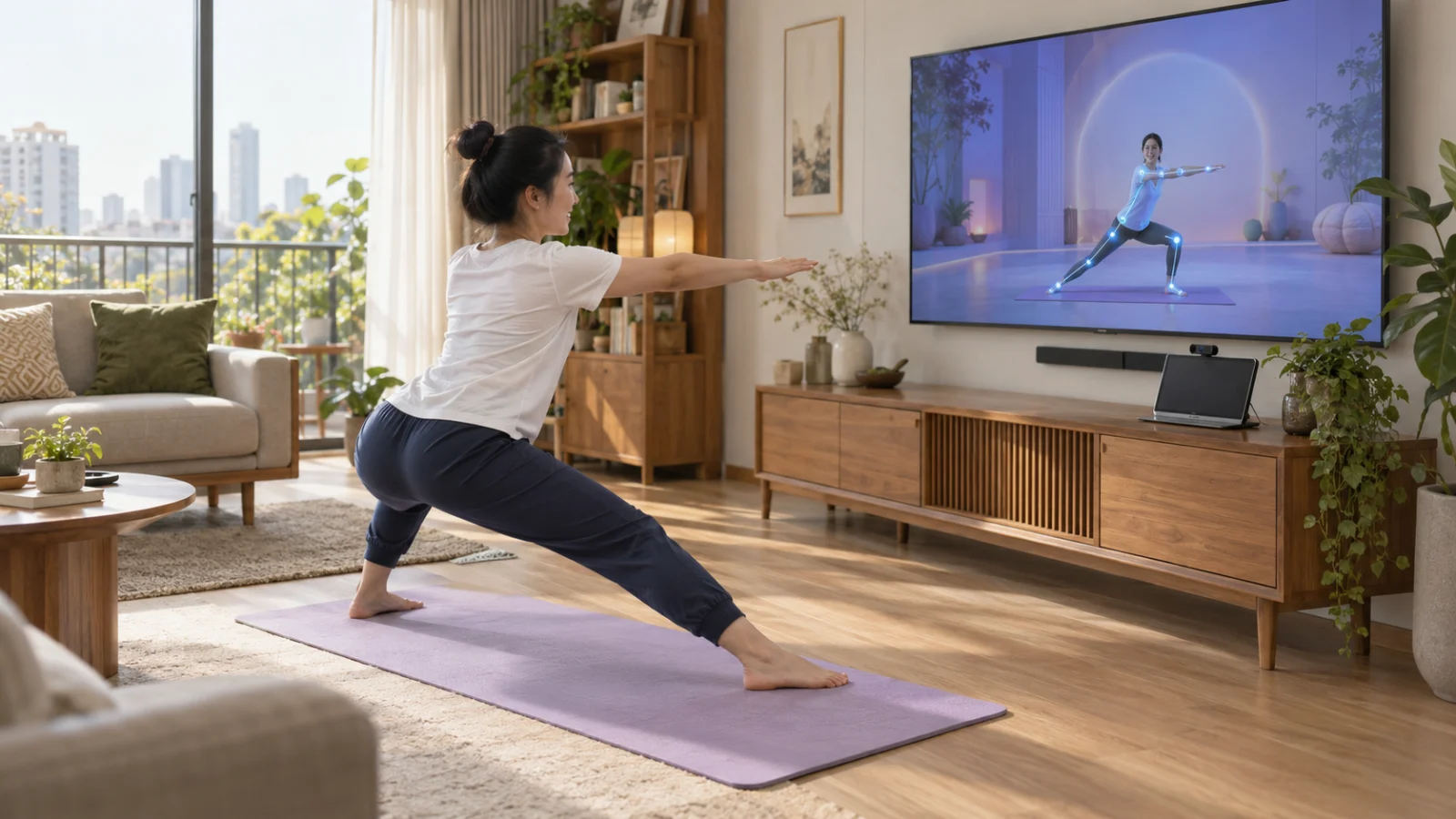 Người lớn tập squat tại nhà trước tivi hiển thị trò chơi vận động tương tác