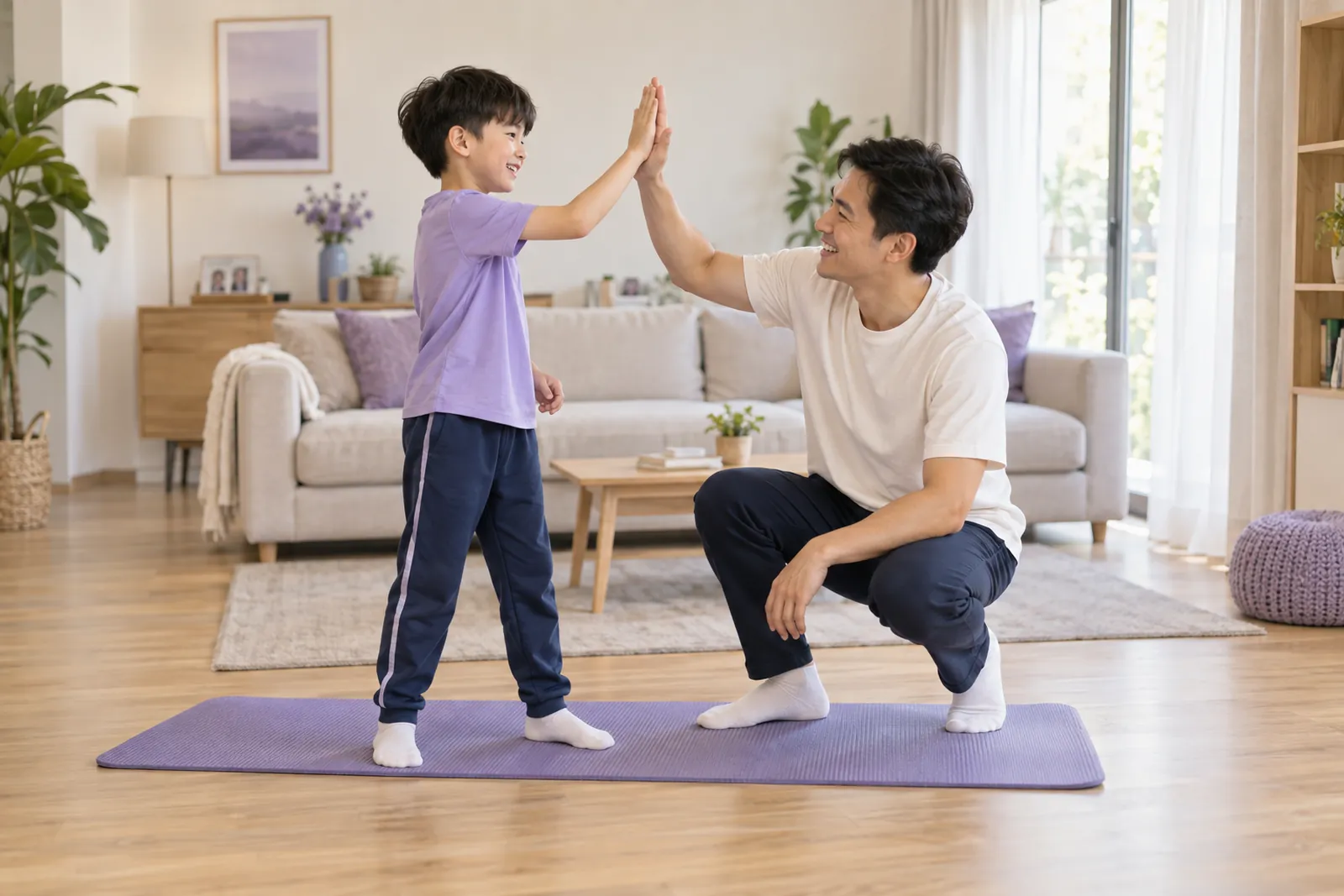 Phụ huynh đồng hành với con trong buổi vận động tại nhà