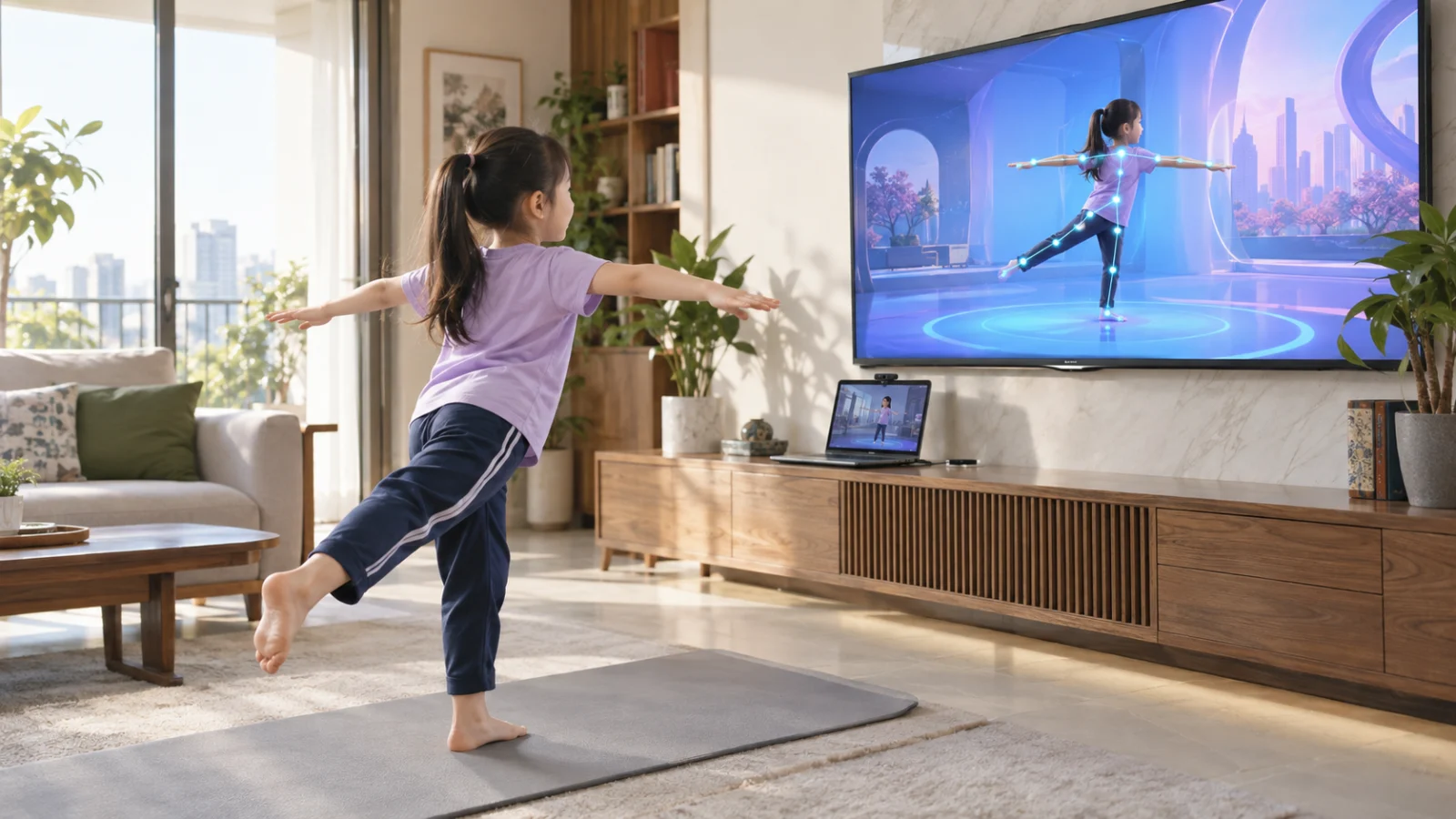 A child holds a one-leg balance while the TV mirrors the pose with tracked joint points